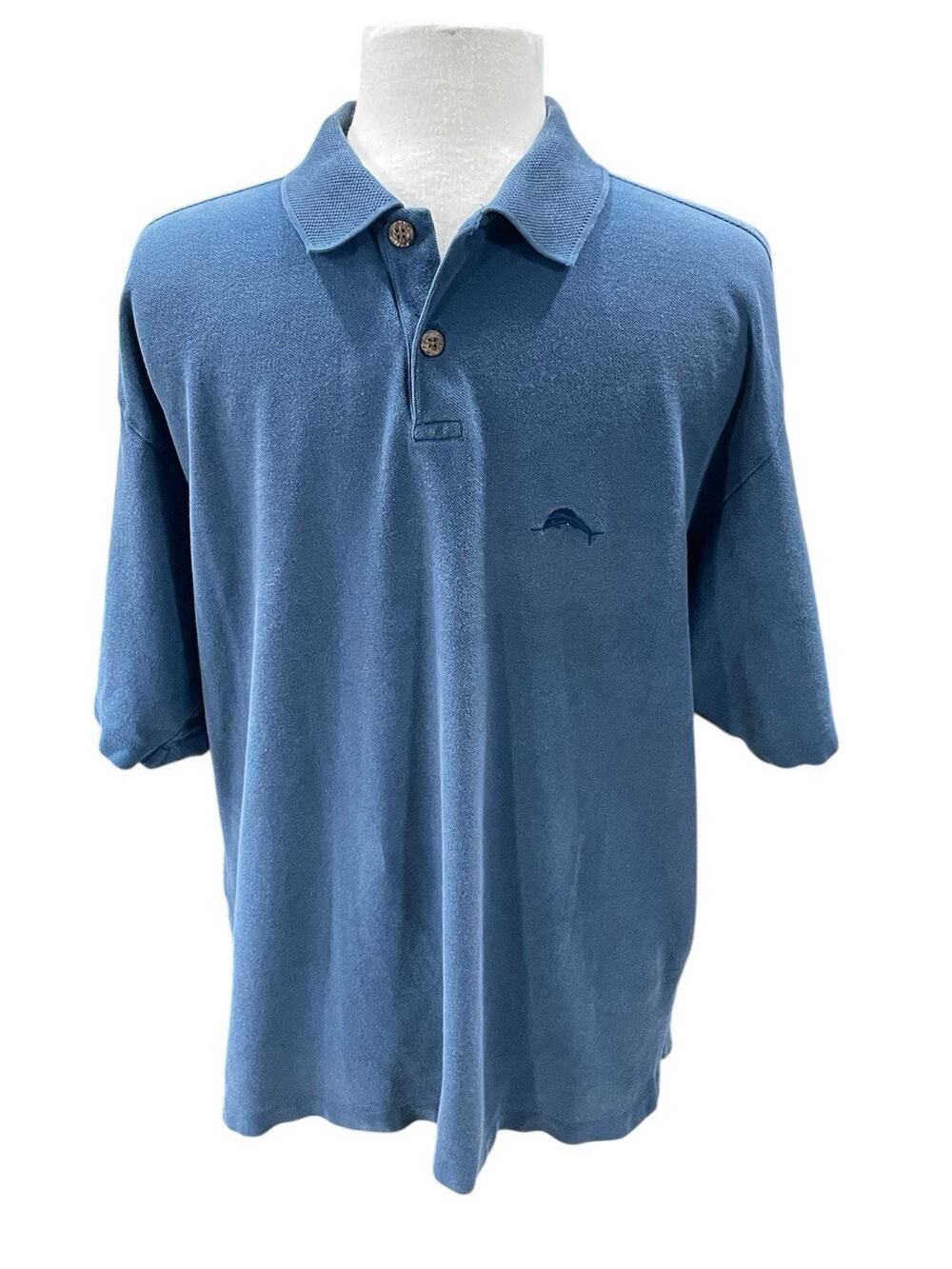 Tommy Bahama 100% Cotton Blue Polo Shirt Wood Buttons Men’s Size Large -Vacation
